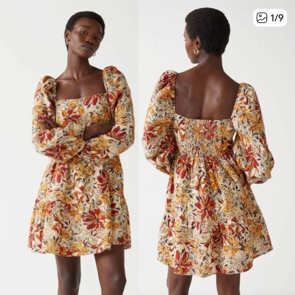 & Other Stories Dress Floral Puff-Sleeve Mini Dress in Mustard & Rust